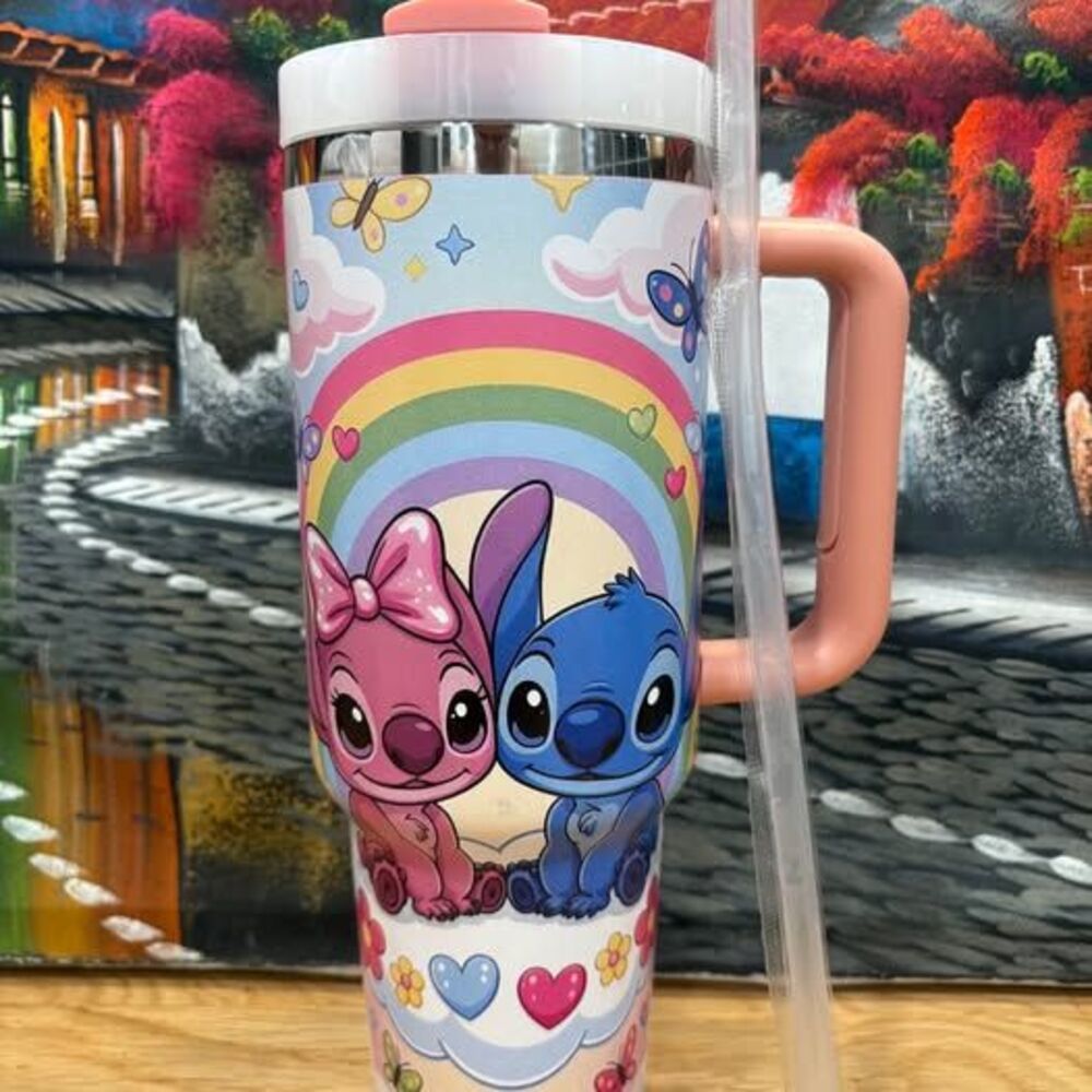 Stitch & Angel–Inspired Rainbow 40 oz Tumbler with Handle & Straw
